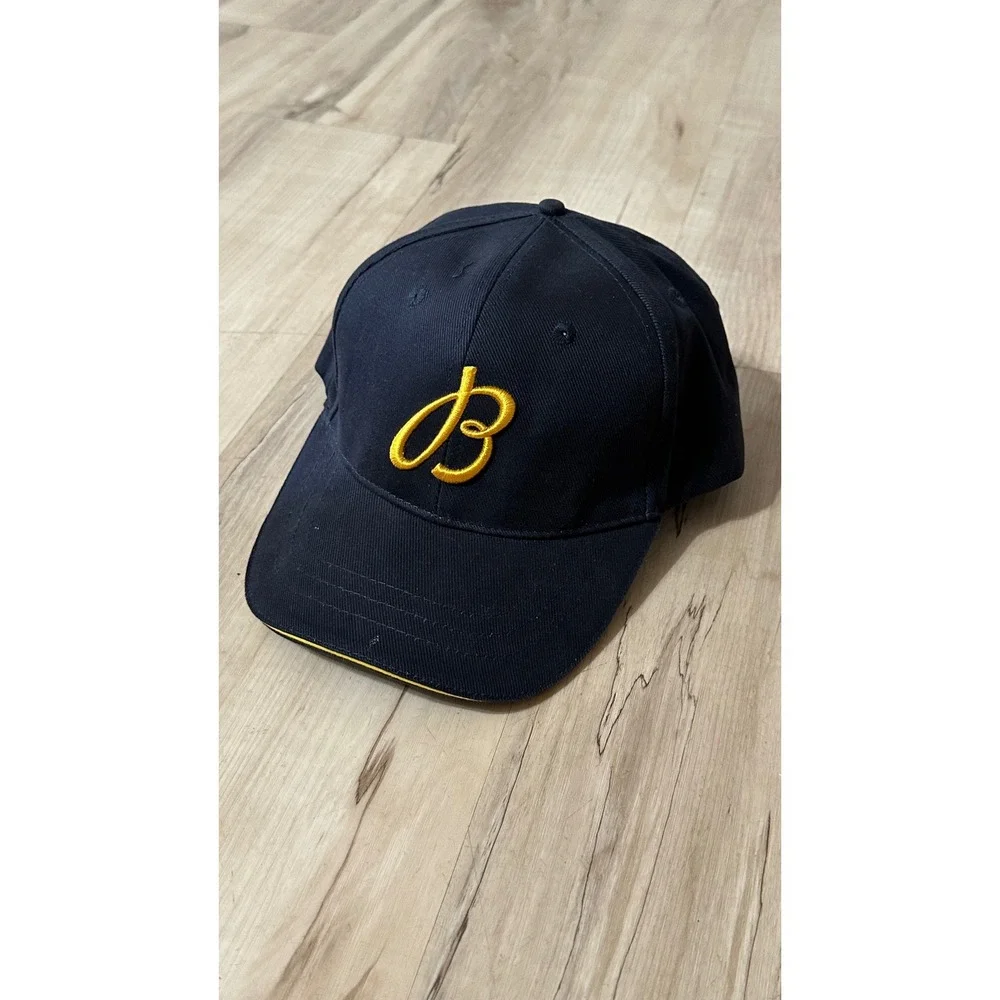 Breitling 1884 Blue‎ Hat Yellow Logo Leather Strapback Adjustable One Size